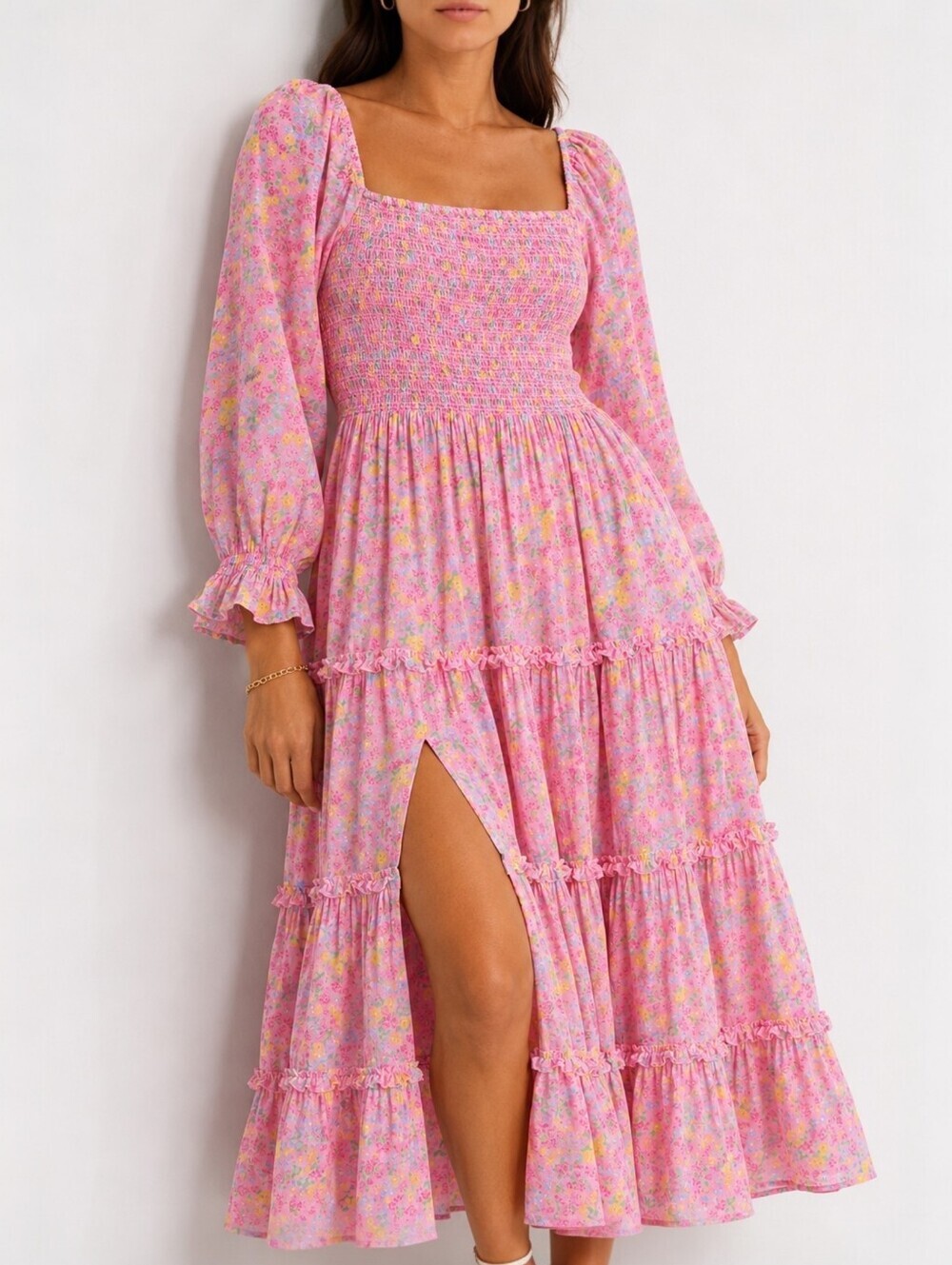 LoveShackFancy Capri Pink Floral Smocked Midi Dress Puff Sleeve Tiered Slit M